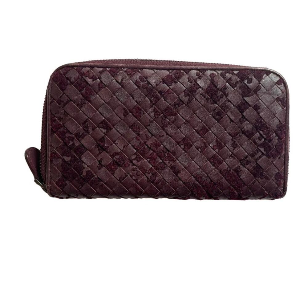 Bottega Veneta Intrecciato Zipper Calf‎ Leather Wallet in Eggplant/Burgandy